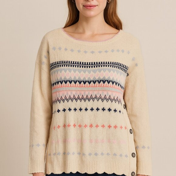 Caslon Winter Sweater Womens Large Knit Wool Blend Fair Isle Off White Buttons - Picture 1 of 10